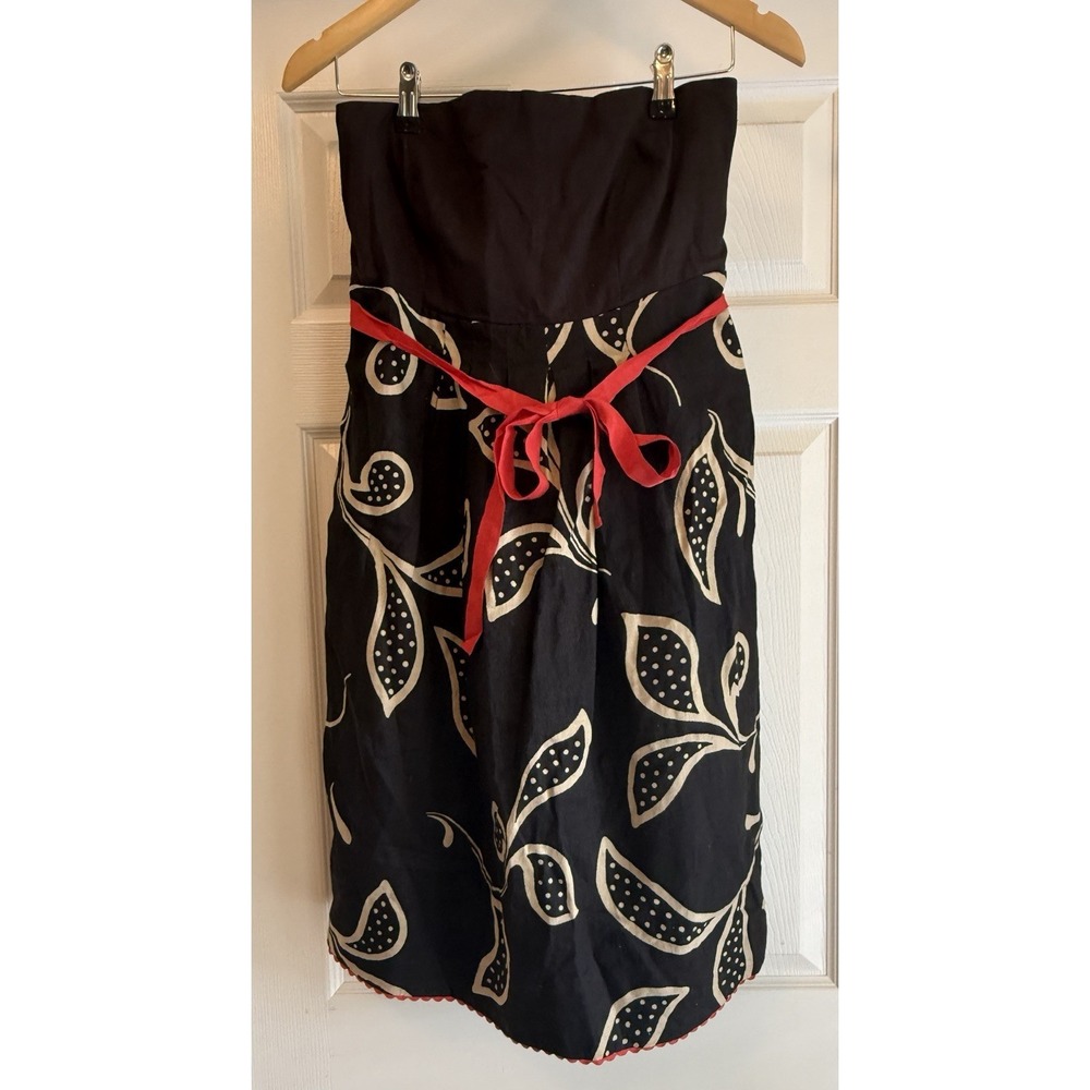 Anthropologie maeve Strapless Dress  12 Black Linen Leaf Print Red Ribbon Tie